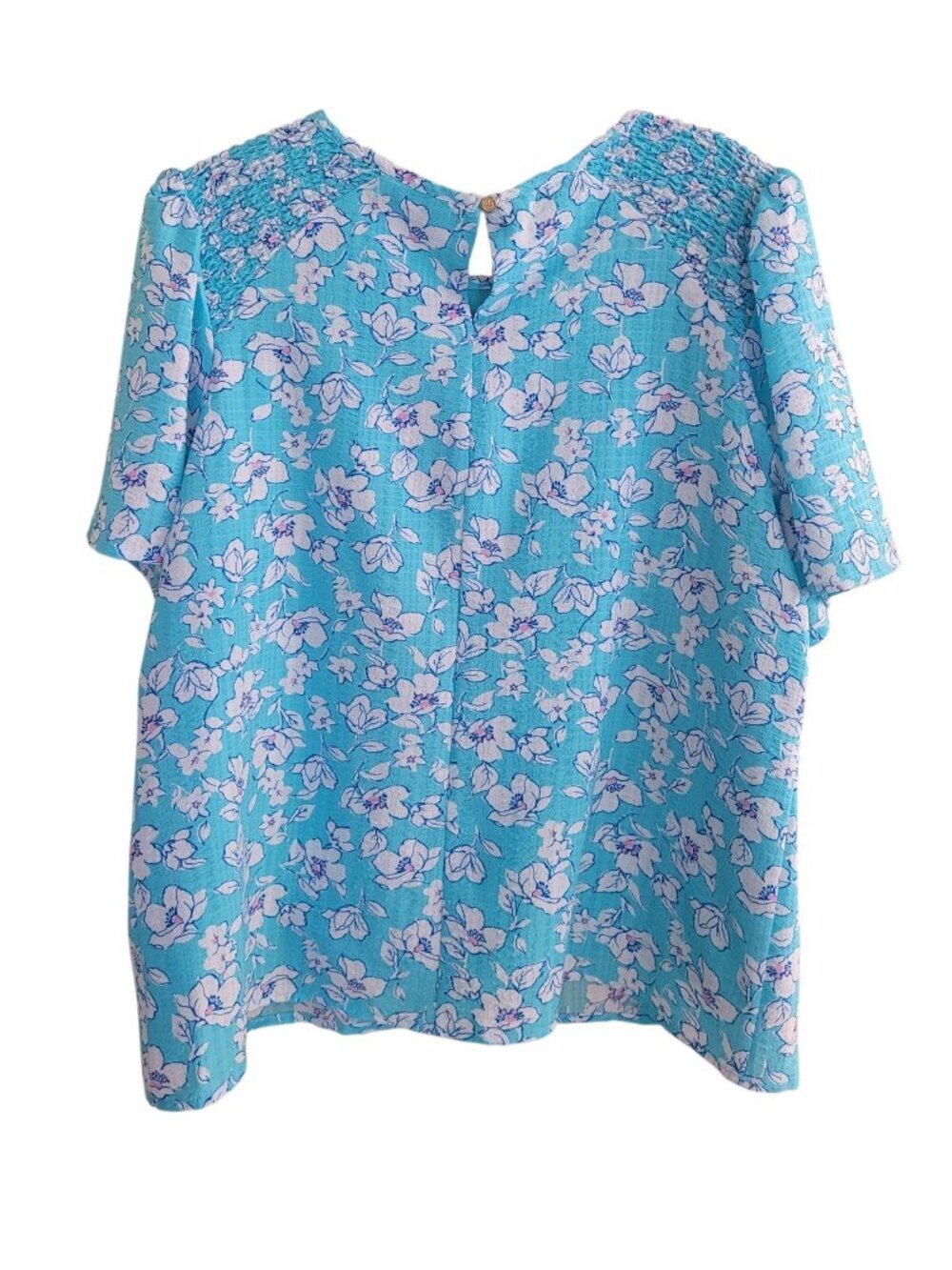 Draper James Aqua Floral Flutter Sleeve Blouse Size L Smocked Crinkle Top Summer - Picture 5 of 11